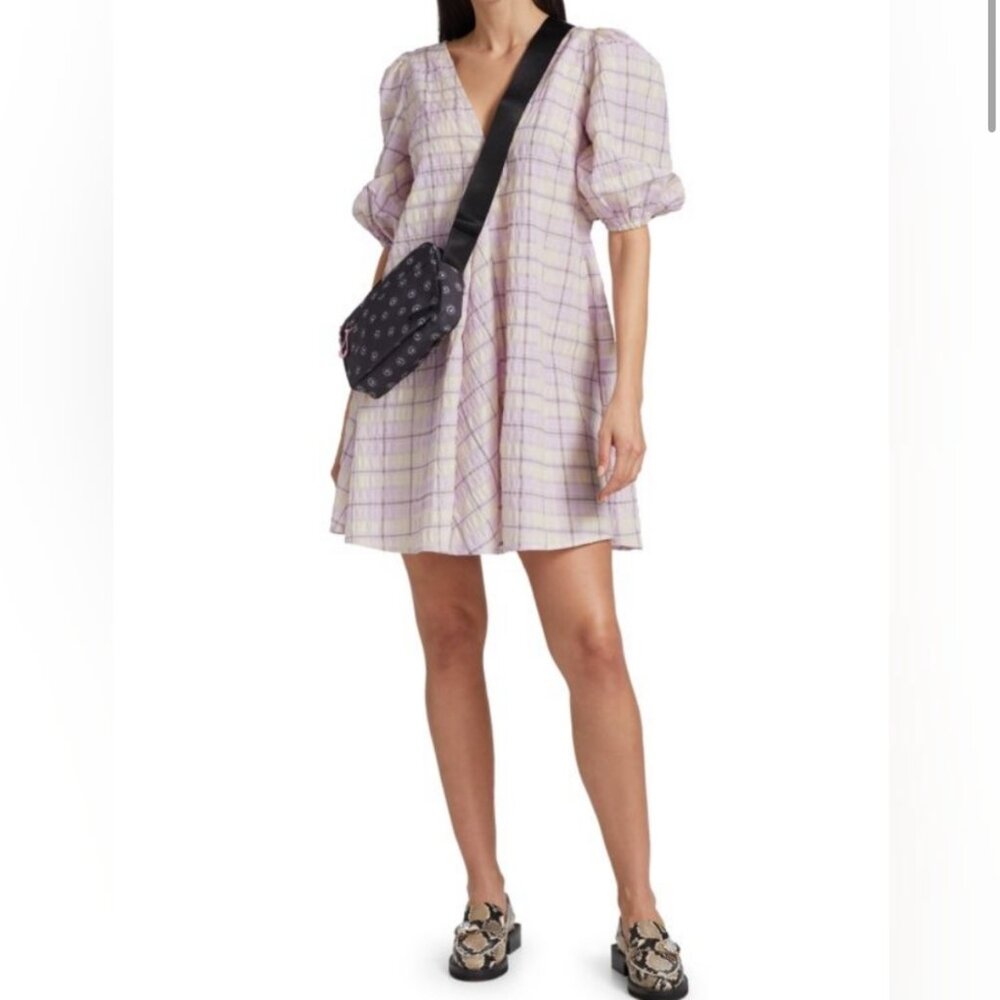 GANNI SEERSUCKER CHECK V NECK MINI DRESS